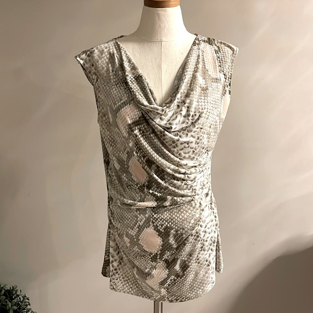 Kenneth Cole NY women’s snakeskin python jersey rushed top sleeveless neutral M